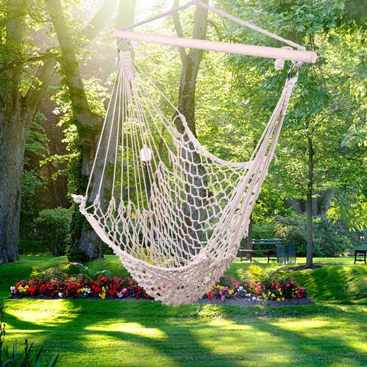 Indoor Outdoor Garden Cotton Hanging Rope Air/Sky Chair Swing Beige Hammocks for wholesale on Faire2