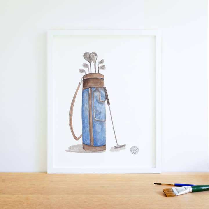 Golf Bag Watercolor Fine Art Print for wholesale by Jenny Lemoine Design