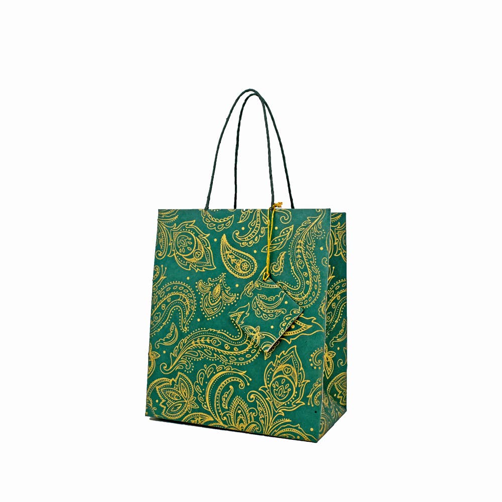 Fair to Trade Ltd – Saco de presente por atacado – Saco de Presente de Papel Lokta Feito à Mão Verde/Dourado Paisley para Garrafa0
