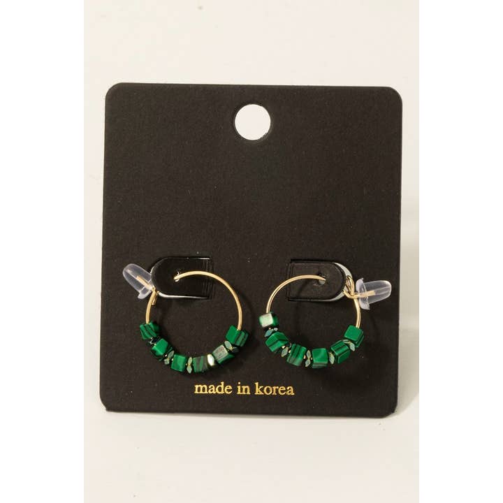 Fame Accessories - Wholesale Hoop Earrings - Stone Cube Beads Dainty Wire Hoop Earrings