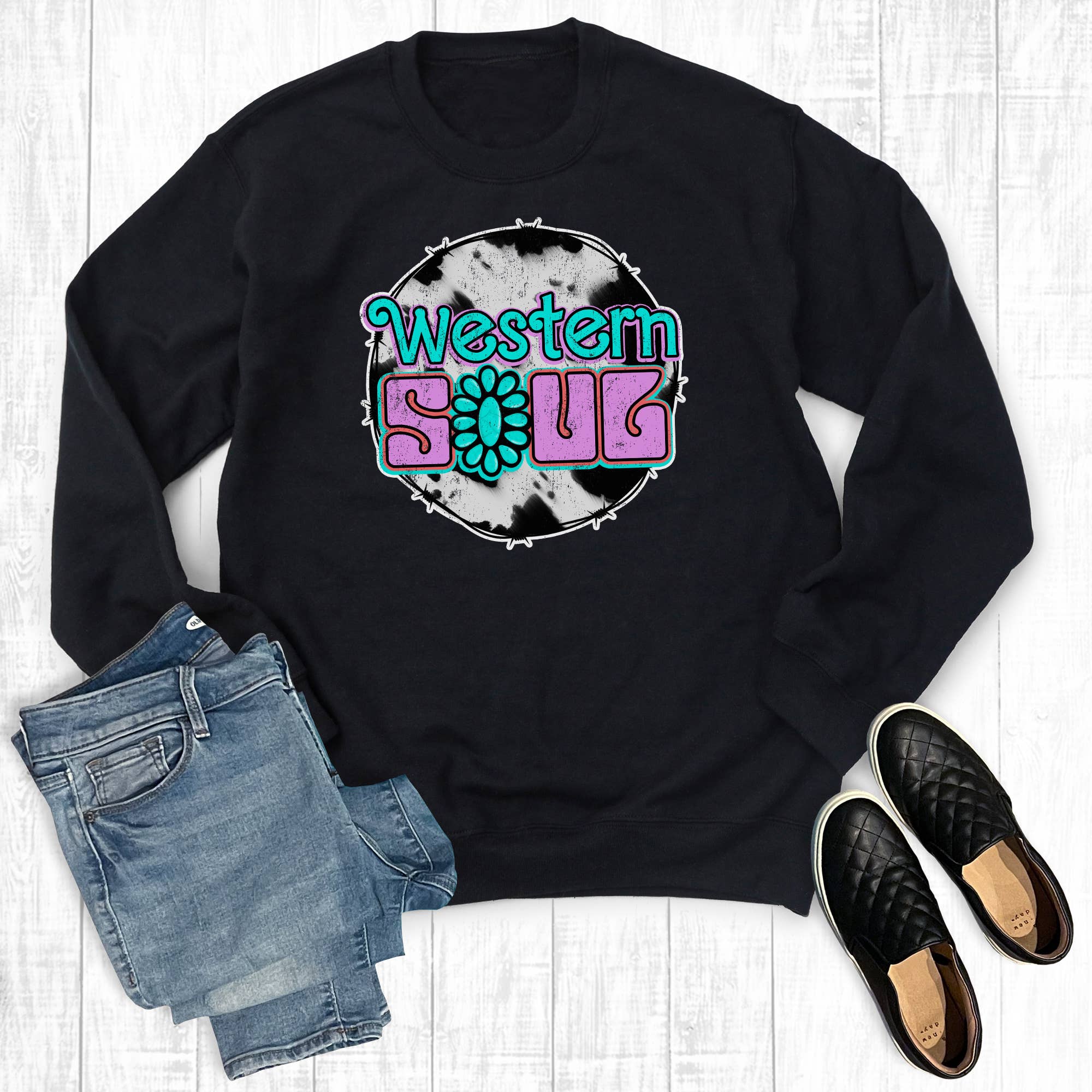 Black Western Soul Turquoise Concho Sweatshirt for wholesale on Faire0