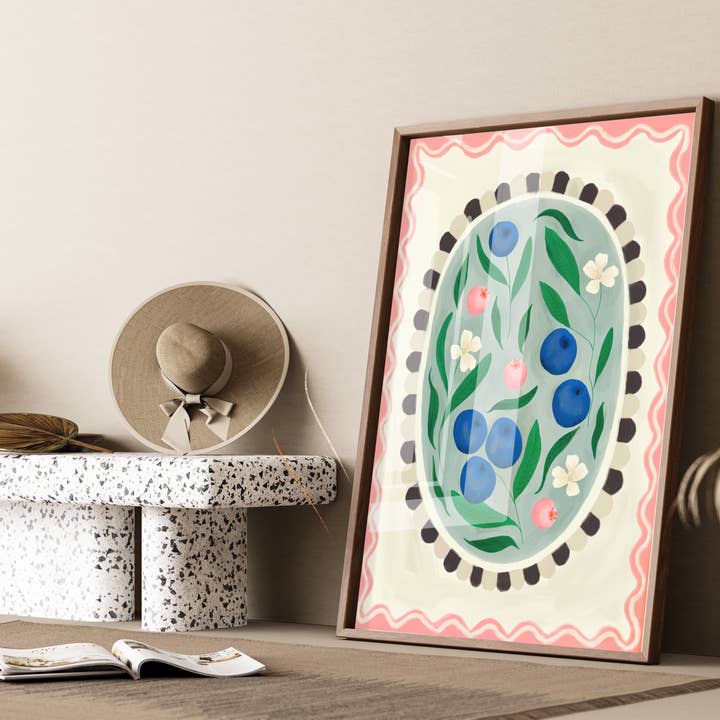 Kate Fox Design - Wholesale Art Print - Blueberry with border, Art print, Kitchen art, Â colourful