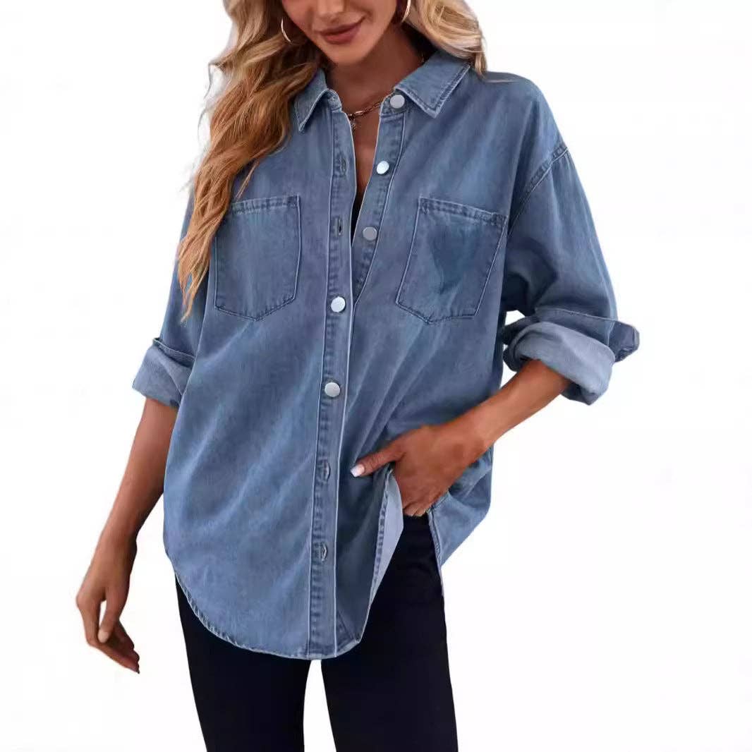 Masyal - Wholesale Button Down Shirt - Women's - Women's Casual Loose Denim Shirt with Turn-Down Collar5