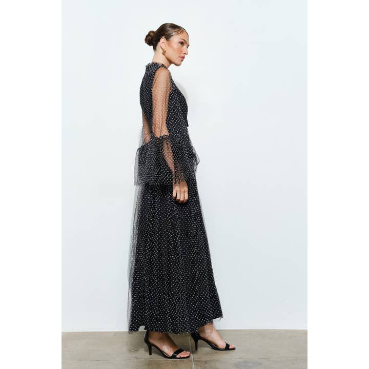 BLACK Polka Dot Mesh Layered Sleeve Maxi Dress for wholesale on Faire5