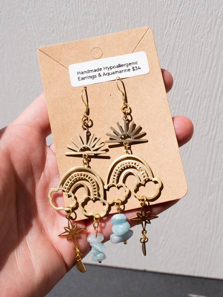 Handgefertigte Regenbogen-Sonnenuntergangs-Ohrringe mit Aquamarin-Anhängern für den Großhandel von Shutterhaus