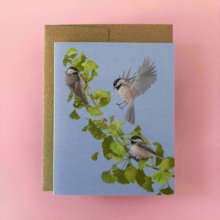 Chickadee and Ginkgo Grußkarte für den Großhandel von Bekah Zeimetz Art