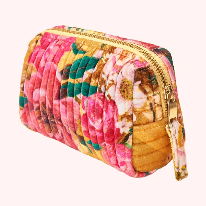 Small Quilted Vanity Bag - Impressionist Floral, Mustard for wholesale by Powder Design inc - US