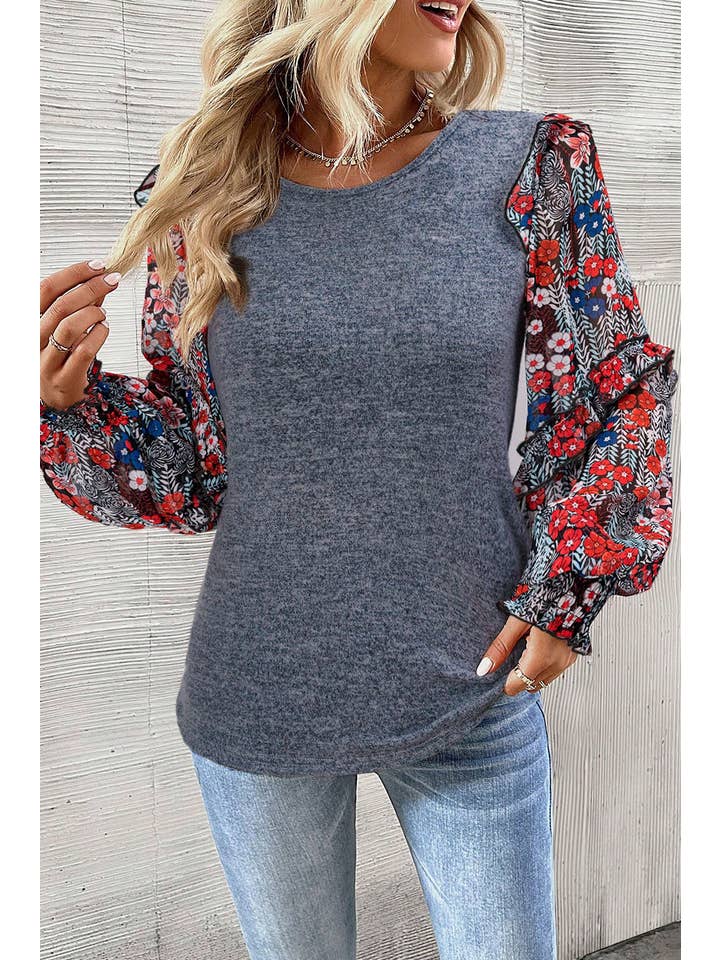 Trendi Lady - Wholesale Blouse - Women's - Ruffle Tiered Floral Sleeve Crew Neck Top