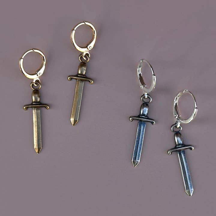 Sword Huggie Hoop Earrings in Silver and Gold Plated Brass for wholesale by The Brass Era