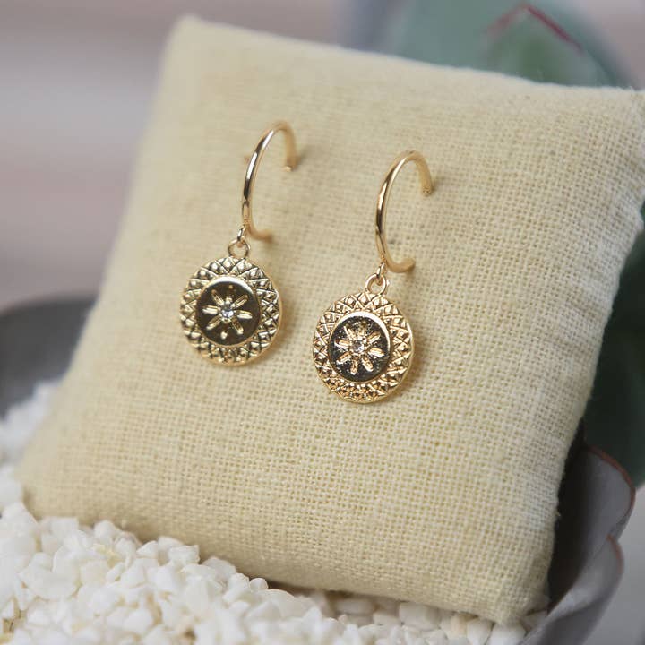 Estelle Starburst Gold Medallion Dangle Earrings for wholesale by Lauren Lane