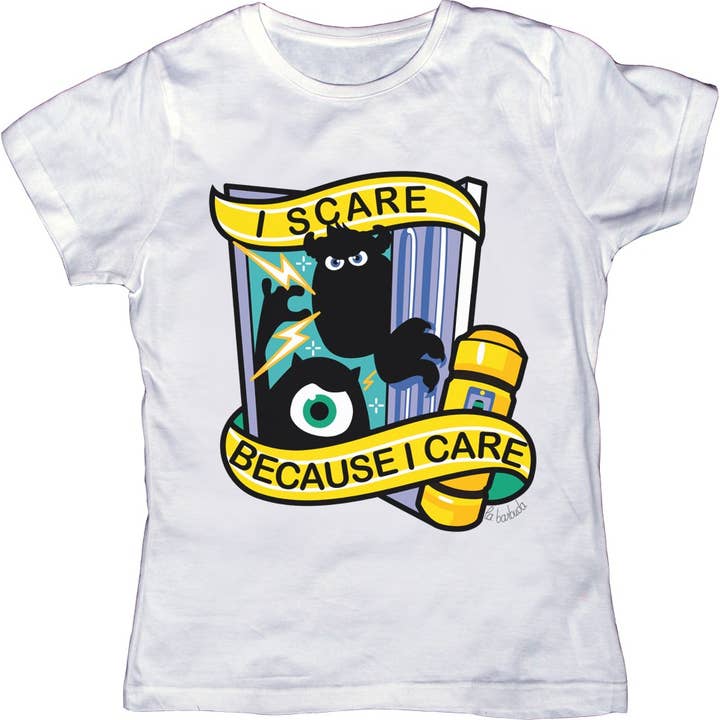 I Scare Because I Care Monsters White T-Shirt By La Barbuda for wholesale on Faire