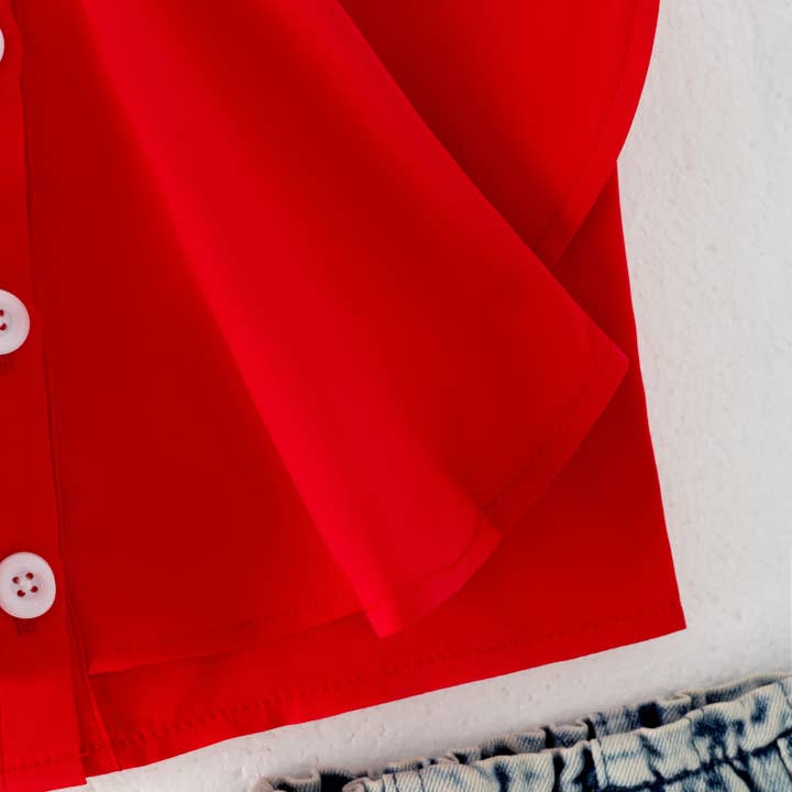 Auraquise - Wholesale Top & Short Set - Kids - Girls Summer Red Top Strawberry Embroidered Denim Short Set