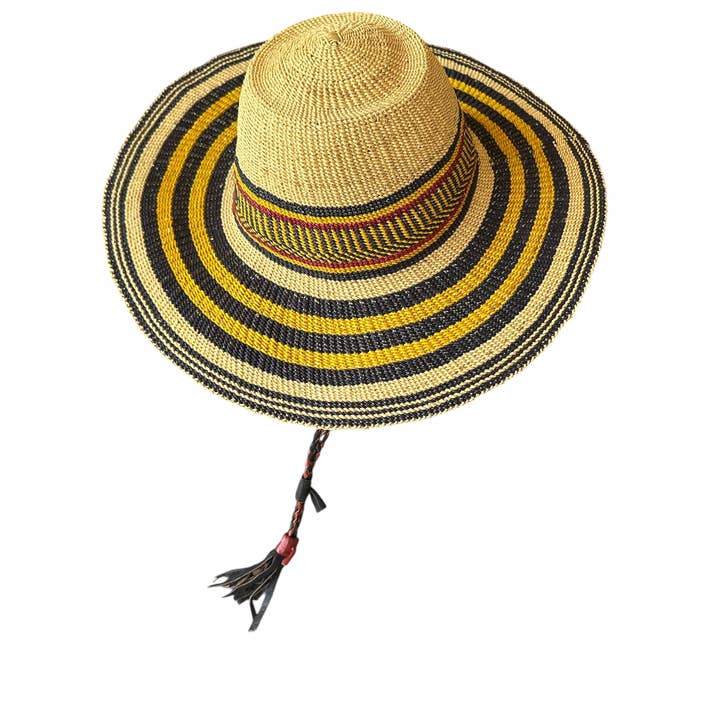 Ghanaian Straw Hats With Wide Brim Band & Leather - Mustard Stripes for wholesale by The African Home Goods