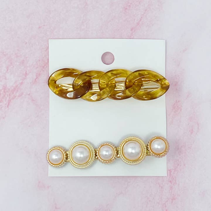 Ellison+Young - Wholesale Hair Accessories Set - Women's - Marble Chain And Pearl Hair Clip Set11