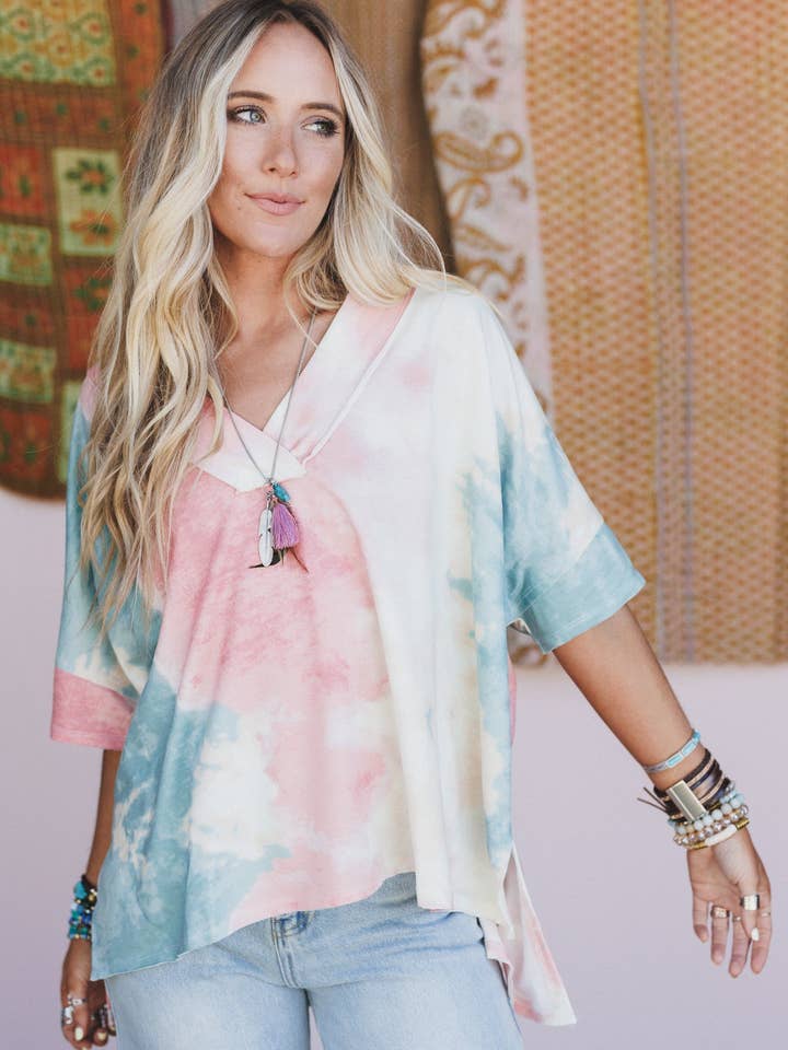 On The Go V Neck Essential Tee - Tie Dye for wholesale by Three Bird Nest