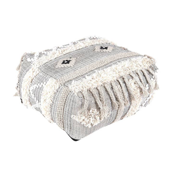 Moroccan Ottoman Cushion Cover, Pouf, Footstool - White Tassel for wholesale by Glamthread