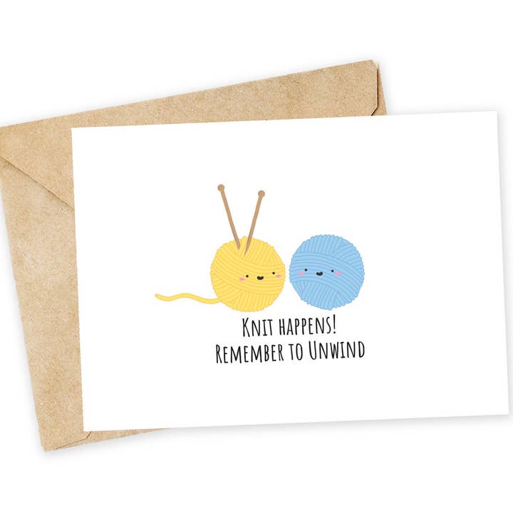 Knit Happens Greeting Card: Handmade Knitting Pun Card for wholesale by Chewy Lemon Studio