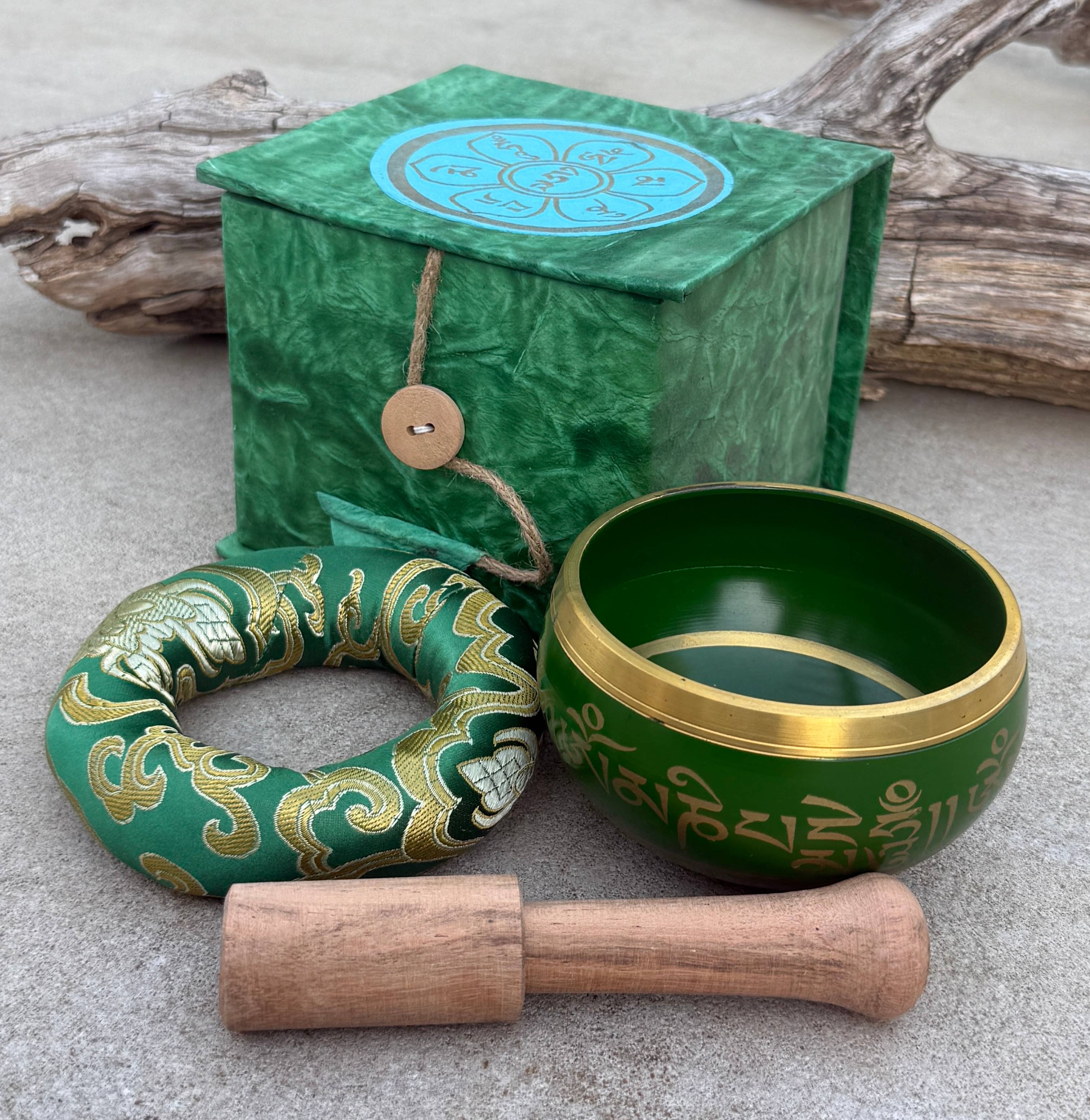 Lungta Imports - Wholesale Meditation Supplies - Tibetan Complete Singing Bowl Gift Box Set with OM Mani Padme Hum Etched Bowl11