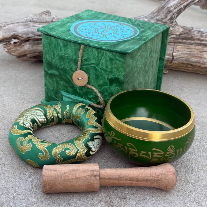 Lungta Imports - Wholesale Meditation Supplies - Tibetan Complete Singing Bowl Gift Box Set with OM Mani Padme Hum Etched Bowl11