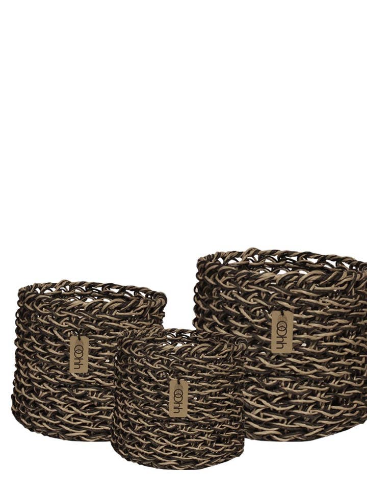 Set Of 3 Woven Paper Baskets, Black/Natural for wholesale by Lübech Living