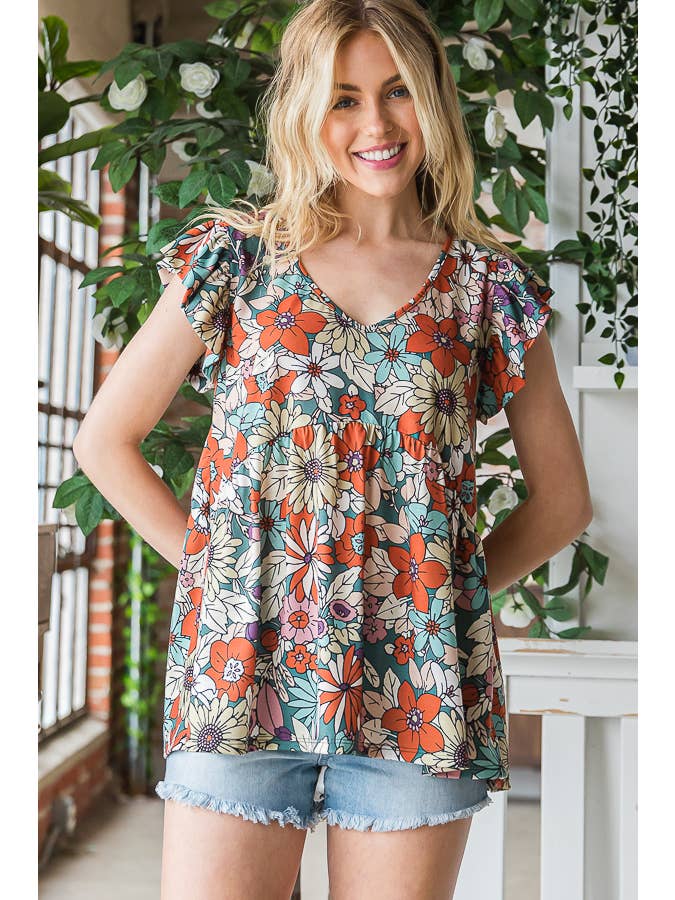 7th Ray - Vendita all'ingrosso Camicetta - Donna - Top a maniche svolazzanti con stampa floreale multicolore Baby Doll T516510