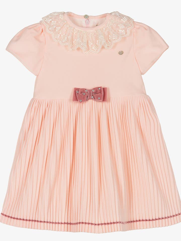 Pink velvet dress pleated with lace ruff collar for wholesale by Piccola Speranza