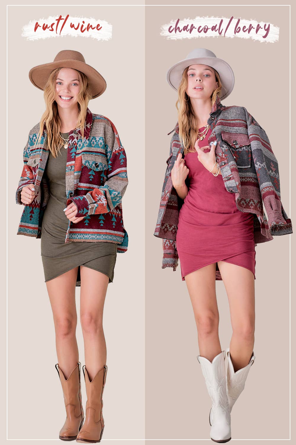 Rust Wine JKT1717-Aztec Pattern Long Sleeve Button Down Jacket for wholesale on Faire7