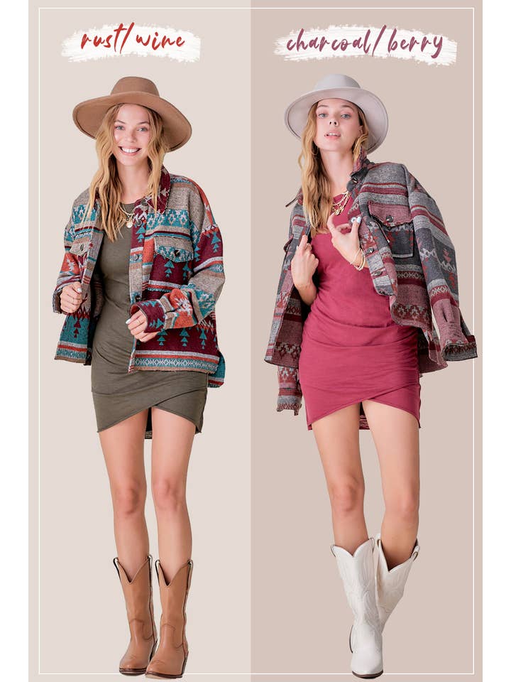 Rust Wine JKT1717-Aztec Pattern Long Sleeve Button Down Jacket for wholesale on Faire7