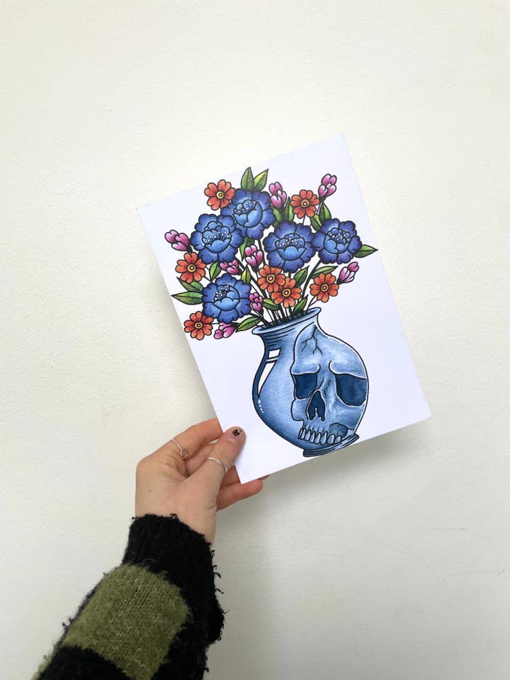 Skull Vase Flowers Art Print - Tattoo Style Alt Artwork Gift for wholesale by The Flower Girl Studios