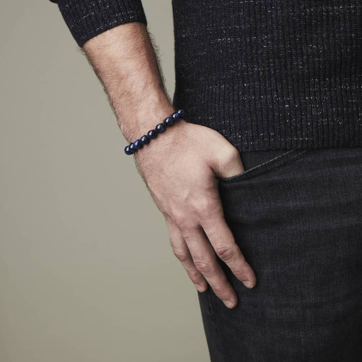 Bhoma - Mens Designer Jewelry - Wholesale Beaded Bracelet - Mens Dark Blue Stone Beaded Bracelet in Kyanite, Adjustable Size2