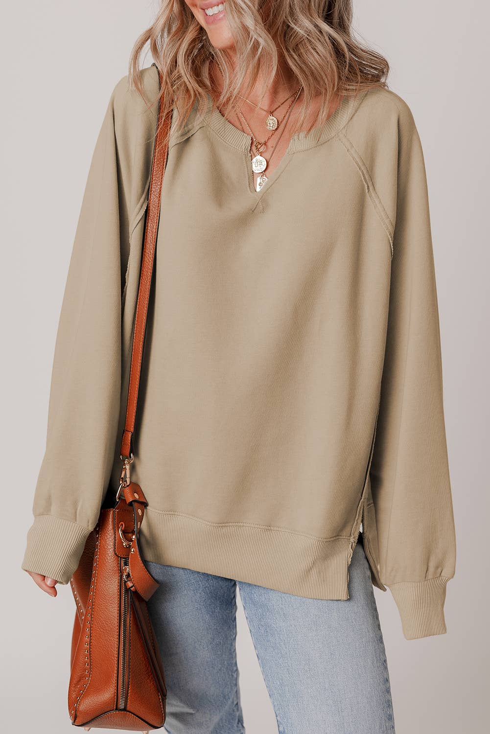 Parchment LDC Raw Edge Exposed Seam Raglan Sleeve Side Slit Sweatshirt for wholesale on Faire4