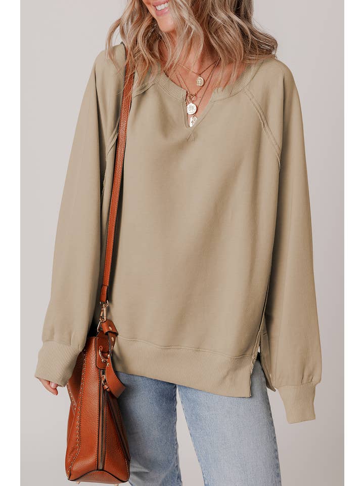 Parchment LDC Raw Edge Exposed Seam Raglan Sleeve Side Slit Sweatshirt for wholesale on Faire4