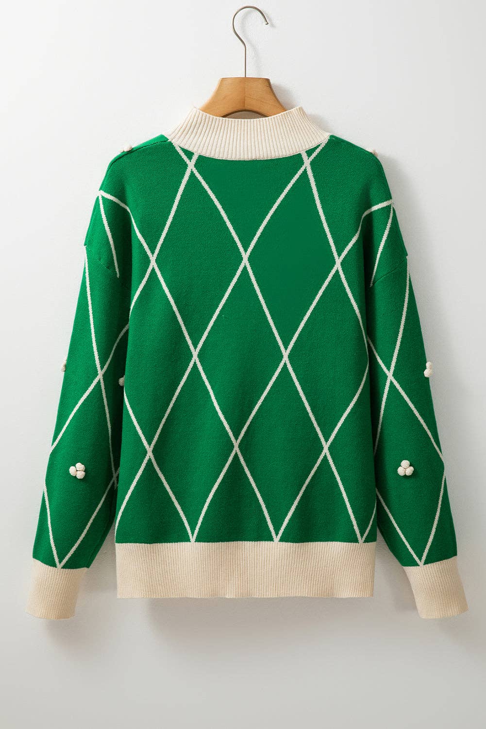 Dark Green Christmas Geometric Diamond Pom Long Sleeve Sweater for wholesale on Faire6