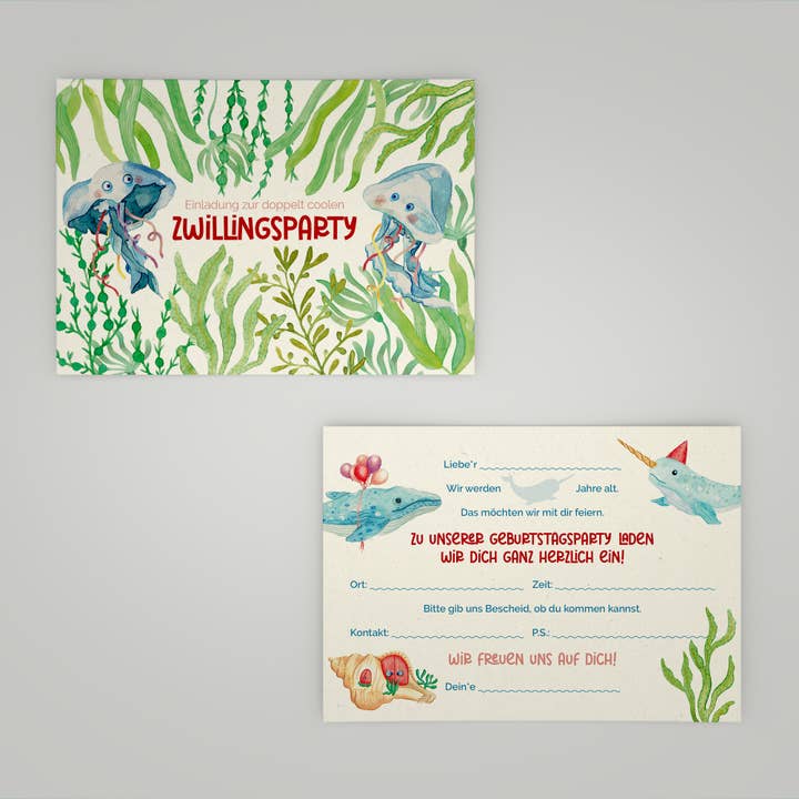 Set di 4 inviti per compleanno di gemelli, carta di betulla per la vendita all'ingrosso da parte di Laura&Lou