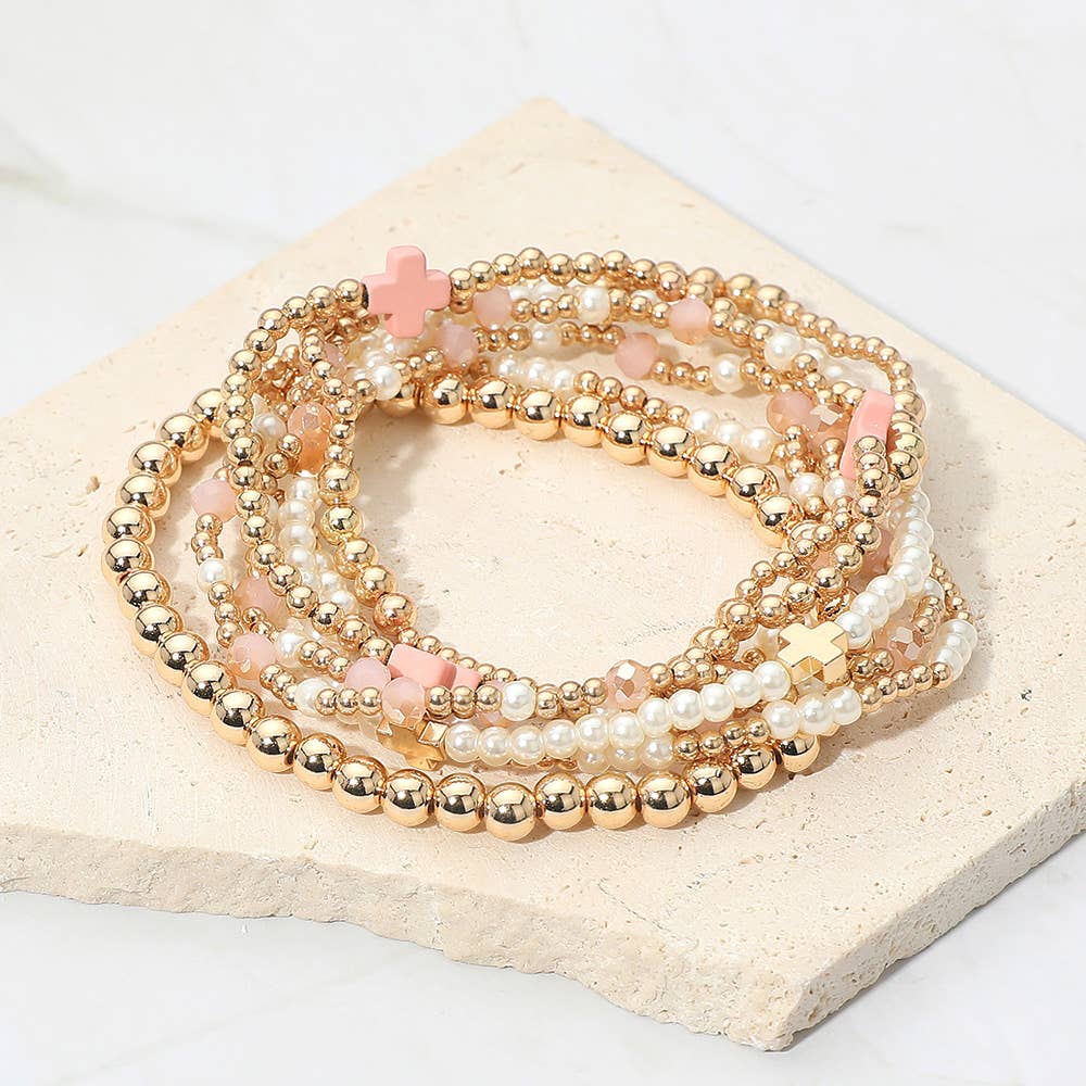 Sensibling Corp. - Wholesale Jewelry Set - 7PCS - Cross Pearl Metal Ball Beaded Stretch Multi Layered Bracelets13