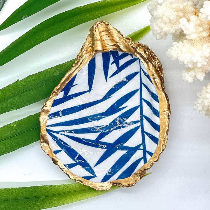 Alison Brooke Designs - Vente Plateaux à bijoux - Plat à huîtres en forme de feuille de palmier bleu0