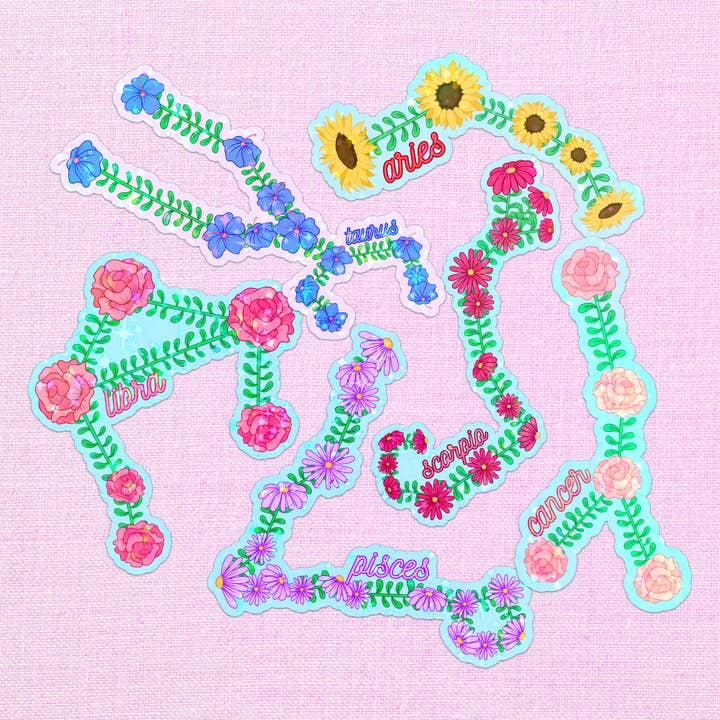 Zodiac Signs Floral Constellation Vinyl Sticker for wholesale by LooLooKazoo