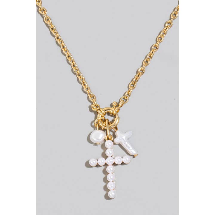 GD Pearl And Pearl Studded Cross Charms Necklace for wholesale on Faire