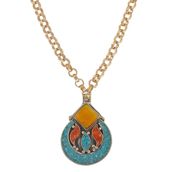 Amber and Turquoise Ethnic Pendant Necklace for wholesale by Cielo Moon x Devon Leigh