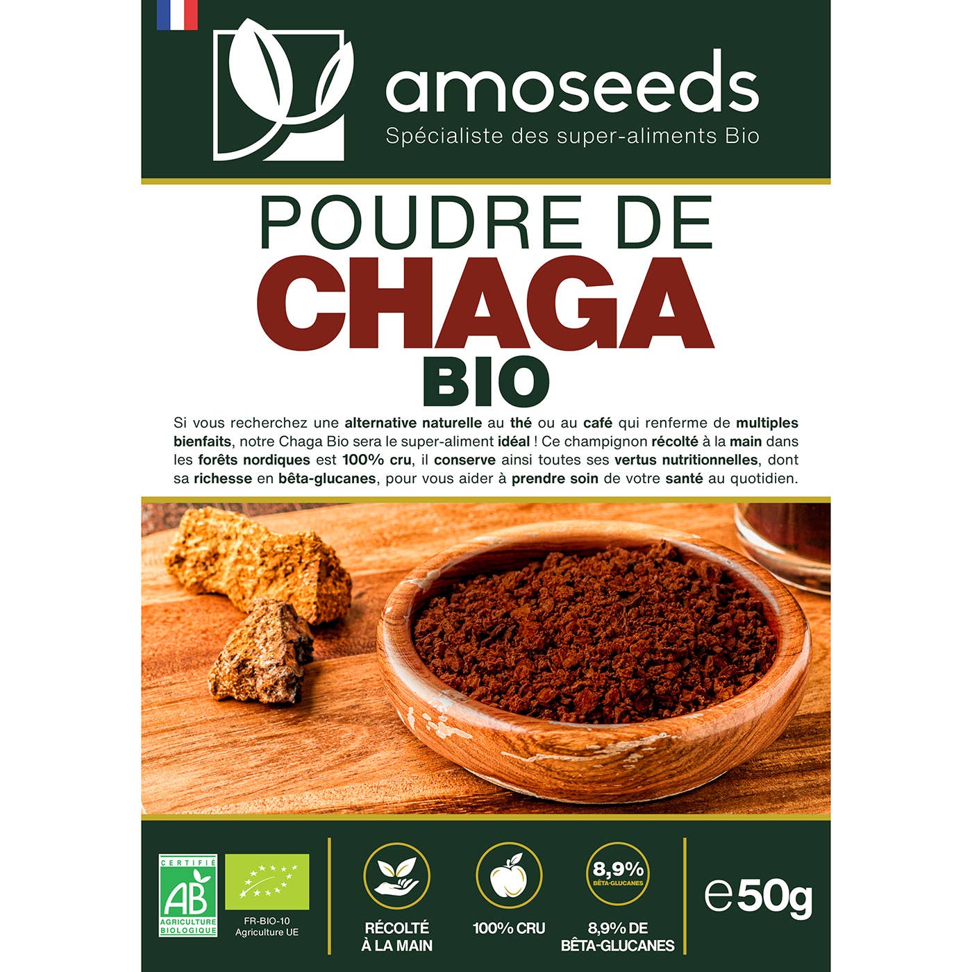 Amoseeds - Wholesale Protein/Superfood Powder - Organic Chaga Powder 50G3
