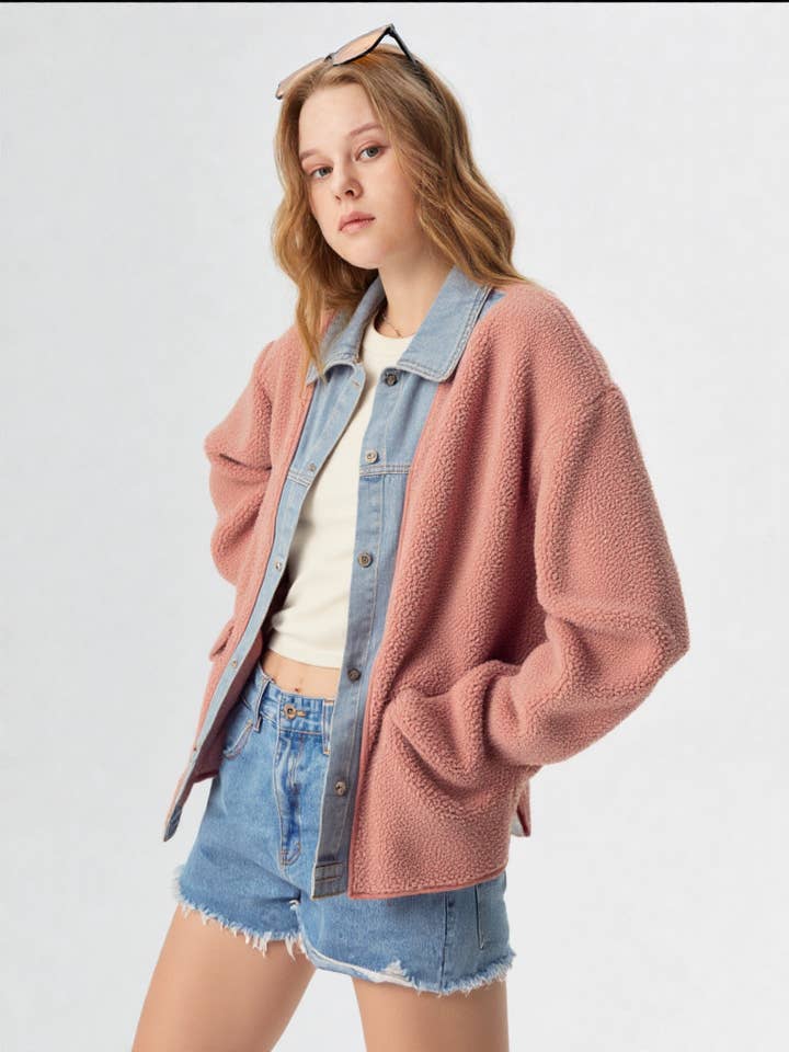 VERY J - Wholesale Shirt Jacket/Shacket - Women's - NJ90198-Soft Fleece and Denim Contrast Shacket Jacket