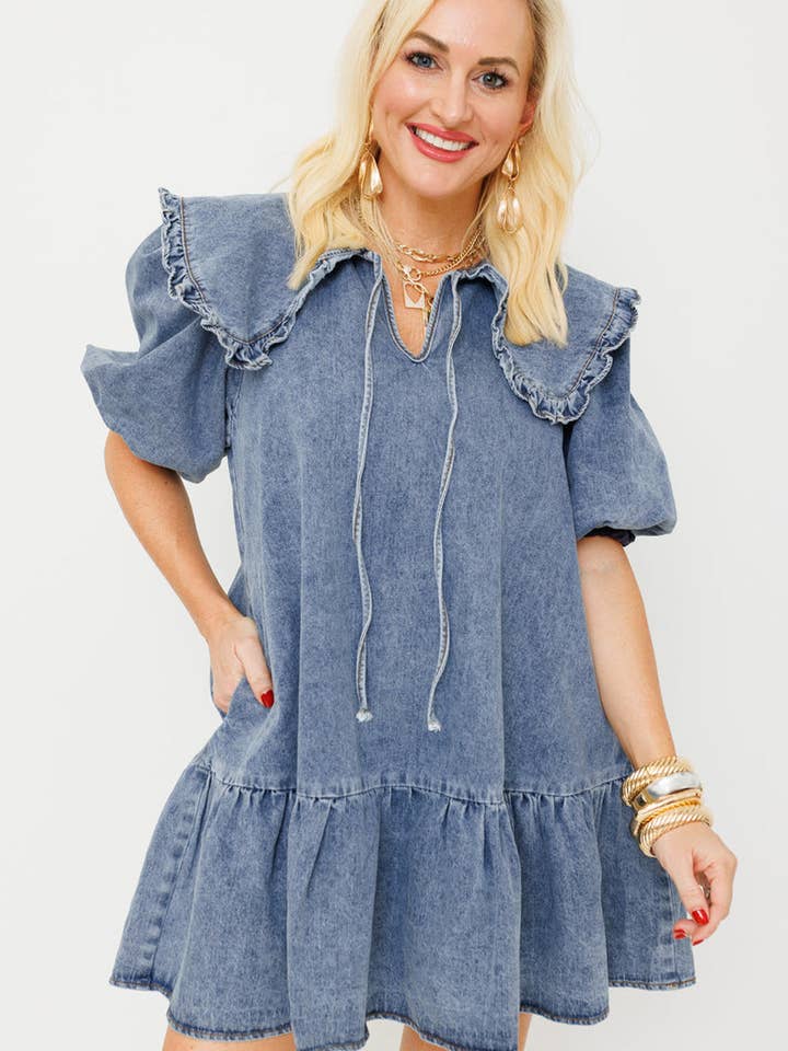 Dusk Blue Ruffled Collared Puff Sleeve Denim Mini Dress for wholesale on Faire8