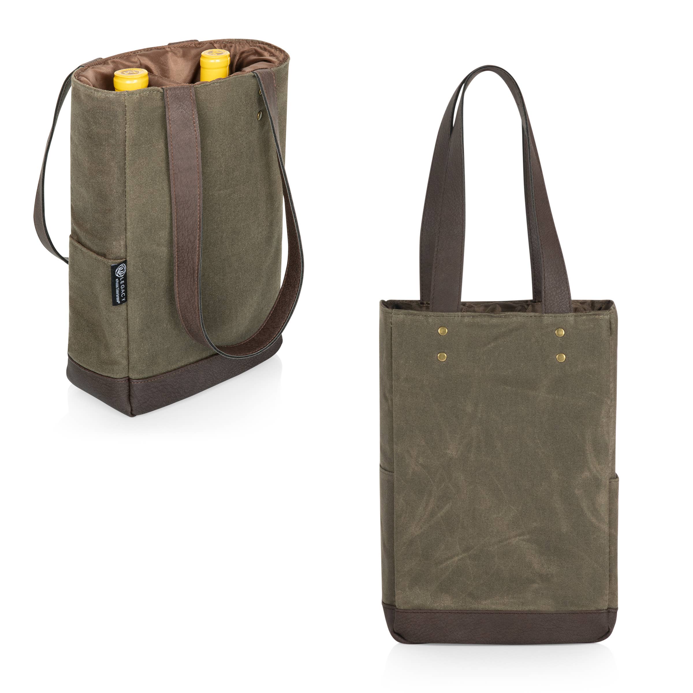 Khaki Green with Beige Accents 2 Bottle Insulated Wine Cooler Tote Bag - Distressed Canvas for wholesale on Faire2