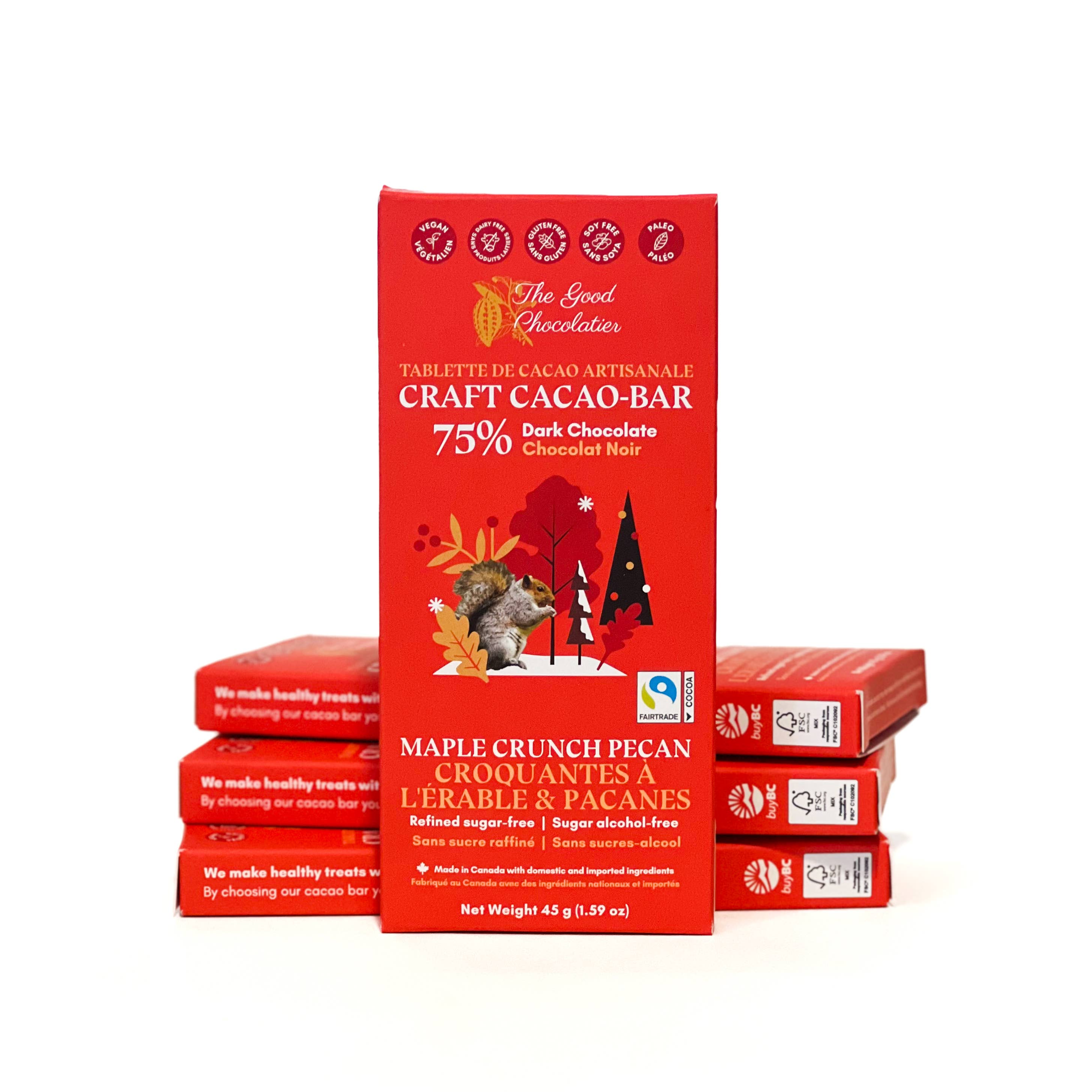 The GOOD Chocolatier – Barra de chocolate por atacado – The GOOD Chocolatier Maple Crunch Pecan 75% - Chocolate Vegano com Noz-Pecã e Xarope de Bordo5