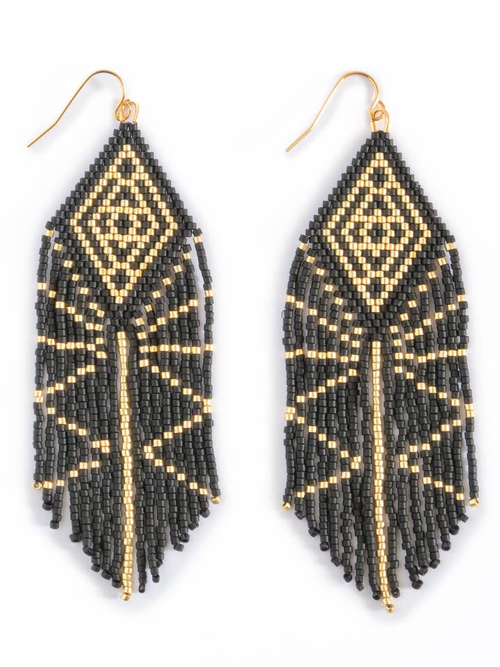Beaded Handwoven Tribal Diamond Fringe Earrings (Black/Gold) for wholesale by Mayana Designs Co