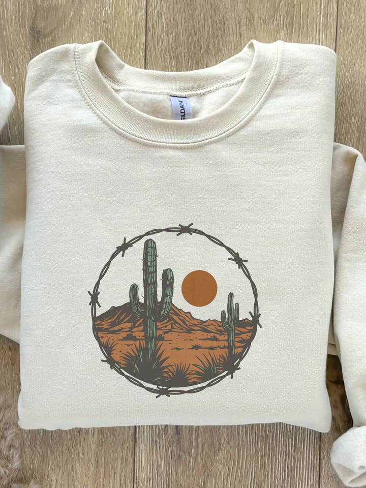 "Desert Barbed Wire Crewneck/Tee" for wholesale by Wild Soul Babes/Stitch and Style Clothing