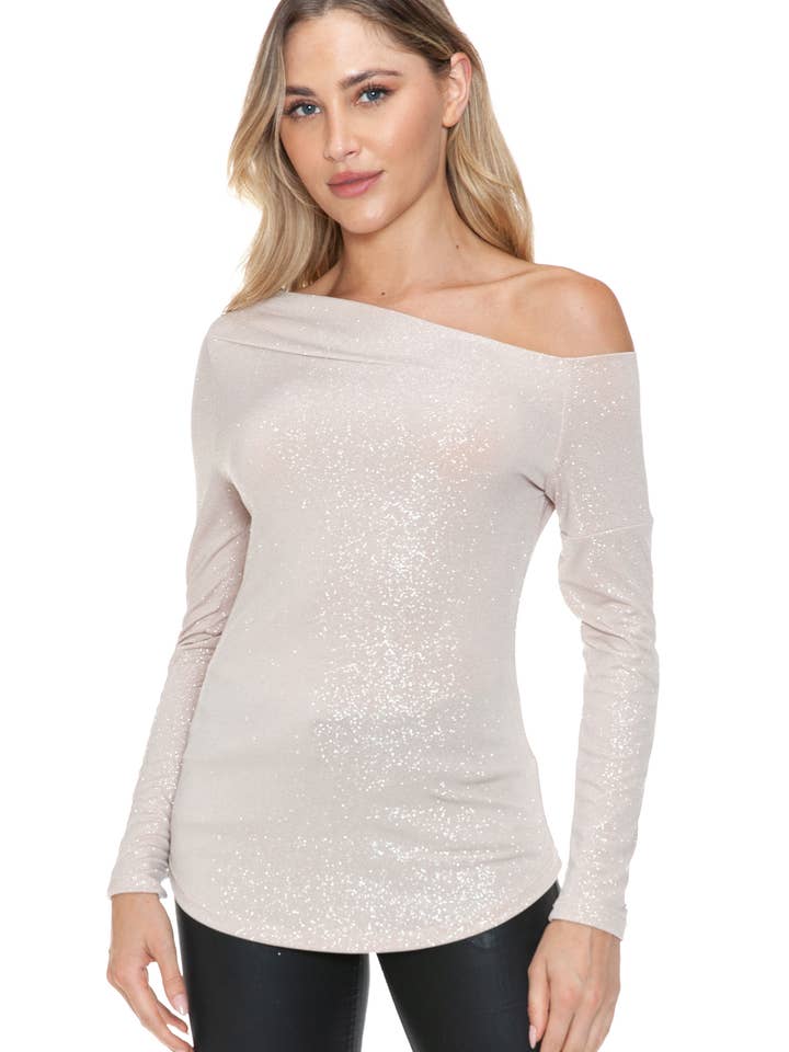 TB10-VB13, Asymmetrical Long Sleeve Sparkle Top for wholesale by Brooklyn Isles