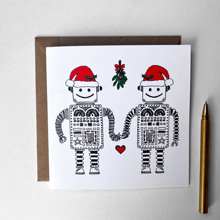 Christmas Lesbian Lovebots kerstkaart voor wholesale door Katie Clement Illustration