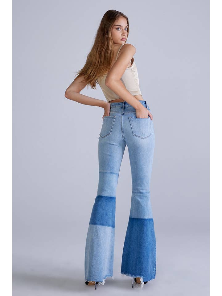 Blå Kvinders lys højhuset farve blok Panel Flare Denim Jean for engroshandel på Faire4