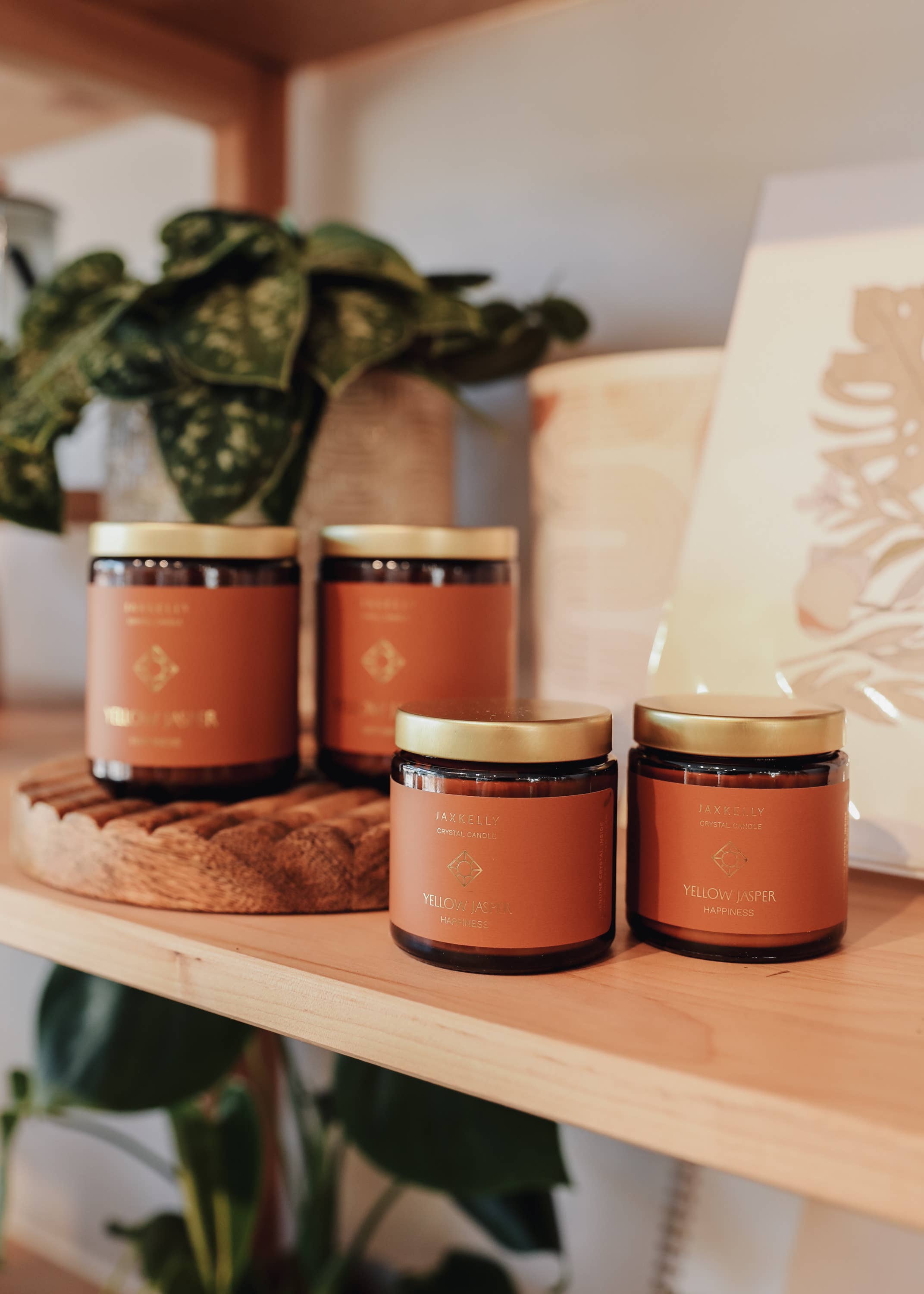 JaxKelly Candles - Wholesale Jar/Filled Candle - 4oz Amber Crystal Candles - Yellow Jasper  - Happiness4